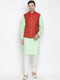 VASTRAMAY Men's Light Green Cotton Blend Kurta, Ethnic Jacket and Pyjama Set
